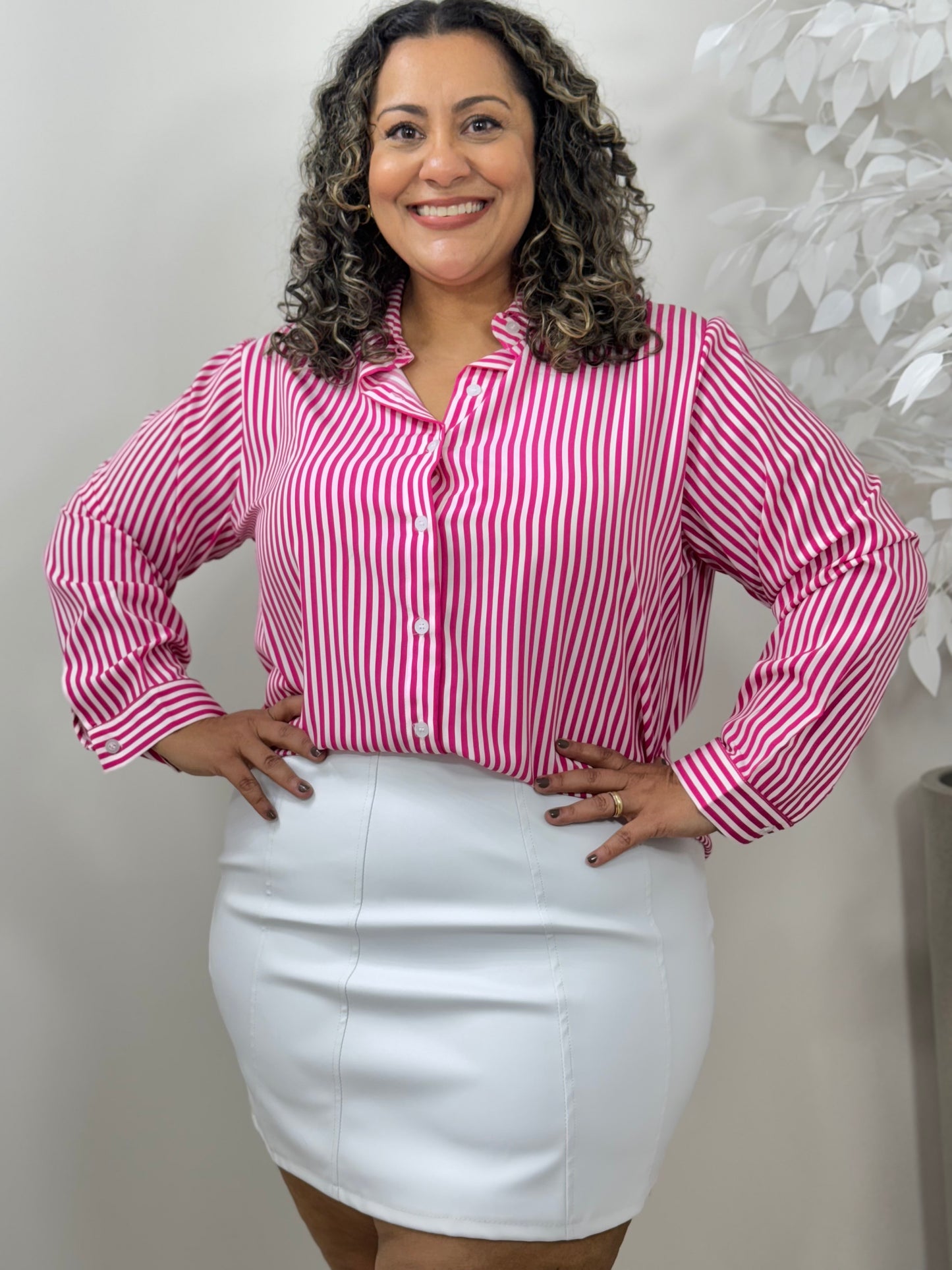 Camisa Feminina Listrada Manga Longa Plus Size