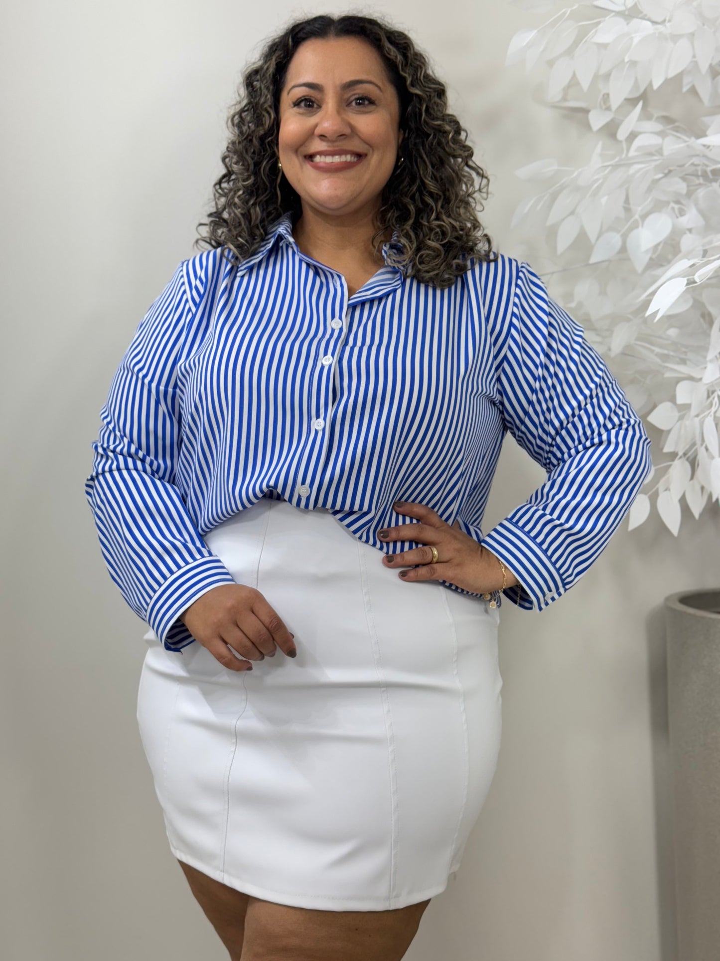 Camisa Feminina Listrada Manga Longa Plus Size