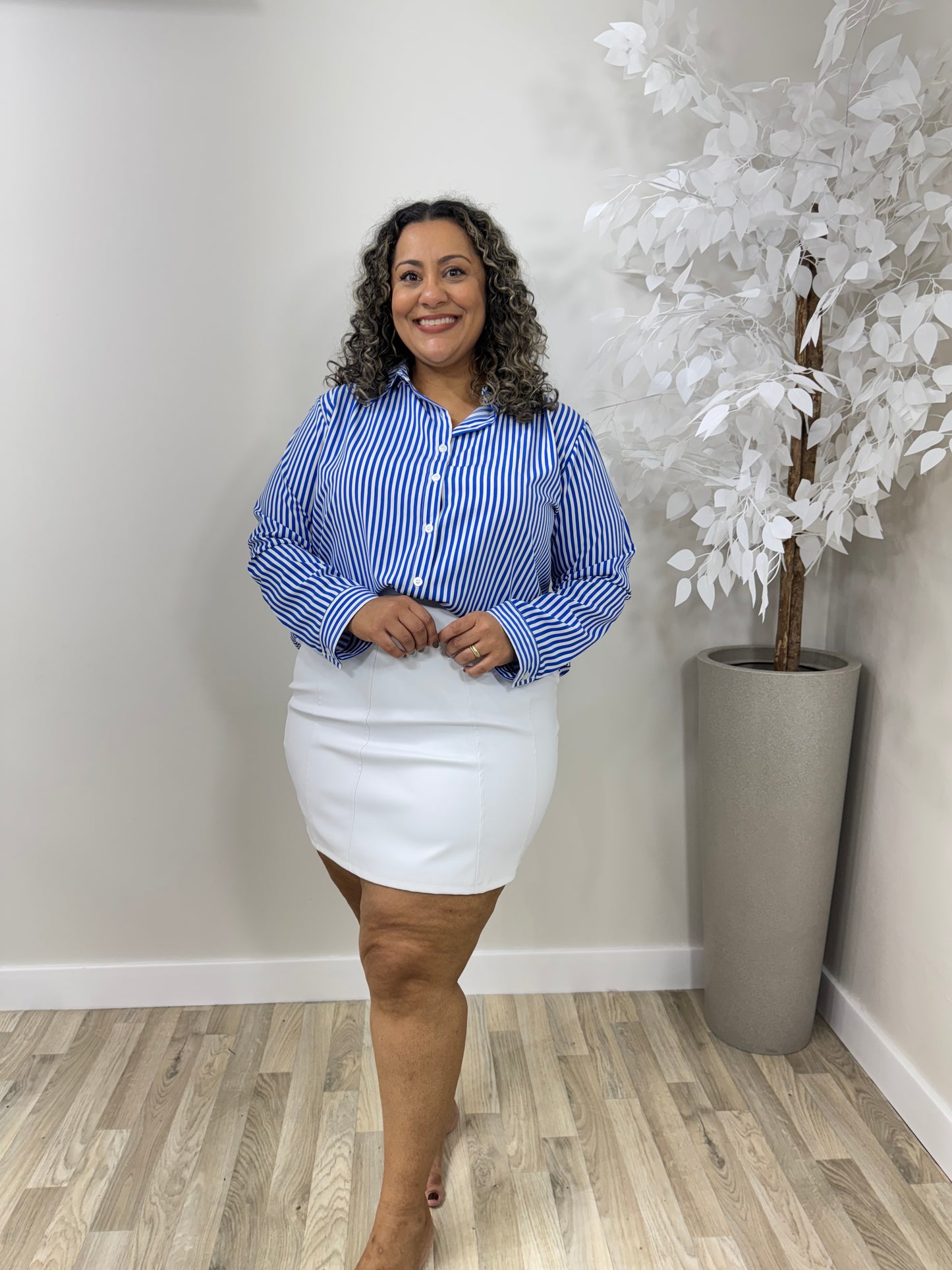 Camisa Feminina Listrada Manga Longa Plus Size