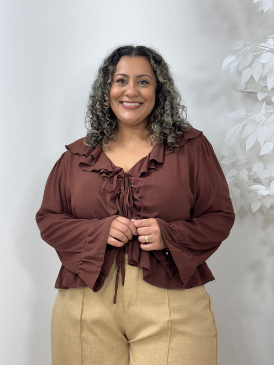 Camisa Feminina Plus Size Manga Longa Boho